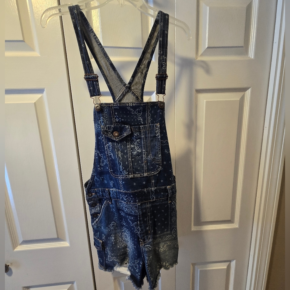 Denim Overall Shorts with Bandana Print